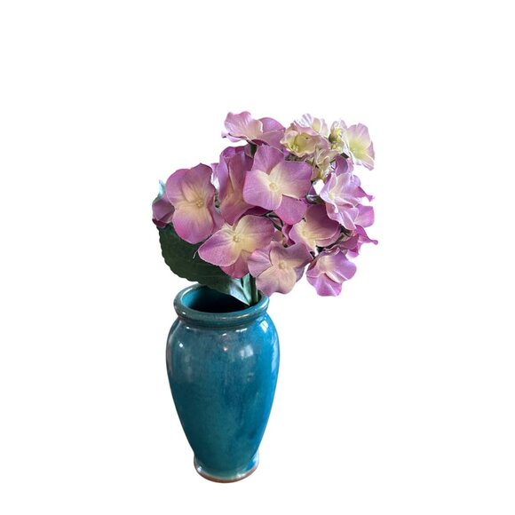 Handcrafted Turquoise Ceramic Vase Faux Pink Hydrangea Floral Arrangement - Picture 3 of 6